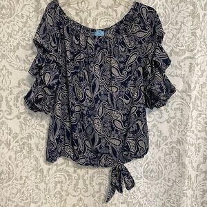 CeCe Shirred Sleeve Bow Paisley Floral Boho Pullover Blouse Top Blue White L